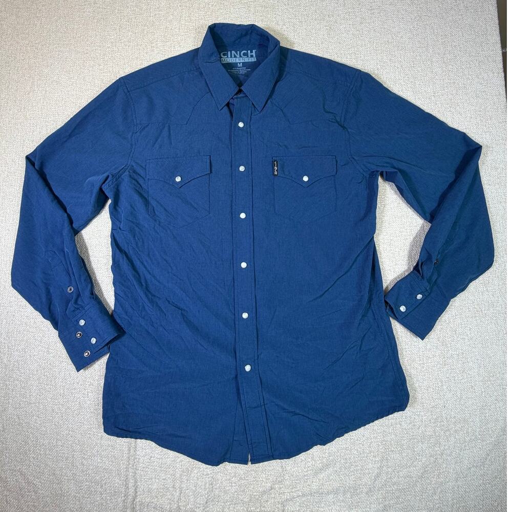 Cinch Men's Medium Blue Modern Fit Pearl Snap Western Long Sleeve Shirt Rodeo